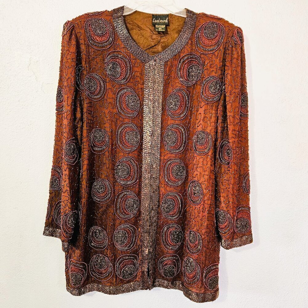 Vintage Women's Beaded Brown Jacket 100% Pure Silk Elegant Size 1X - Picture 1 of 8